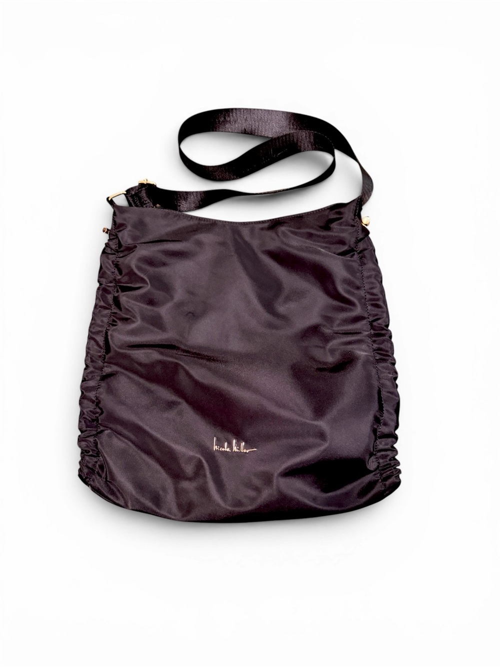 Nicole Miller Dark Brown Nylon Crossbody Bag with Gold Hardware